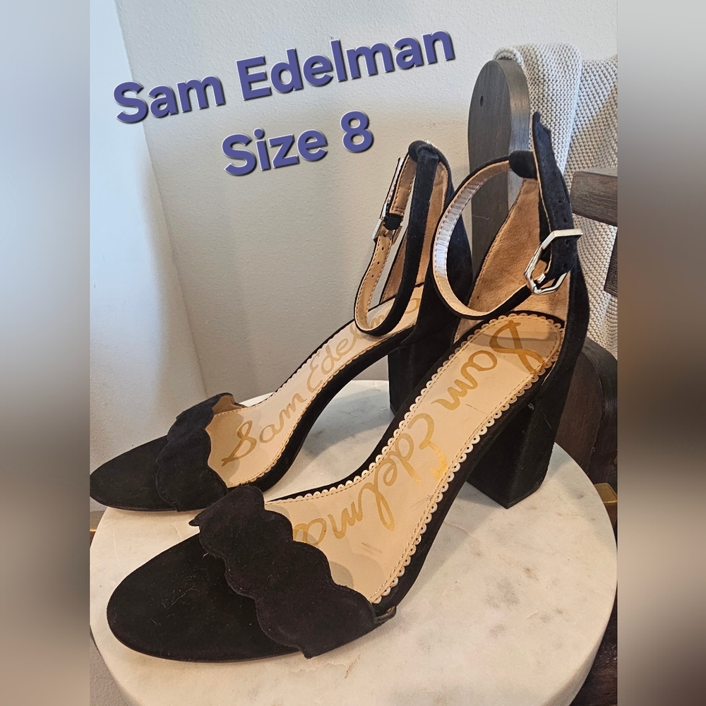 Sam Edelman Black Suede Heels with Scalloped Strap